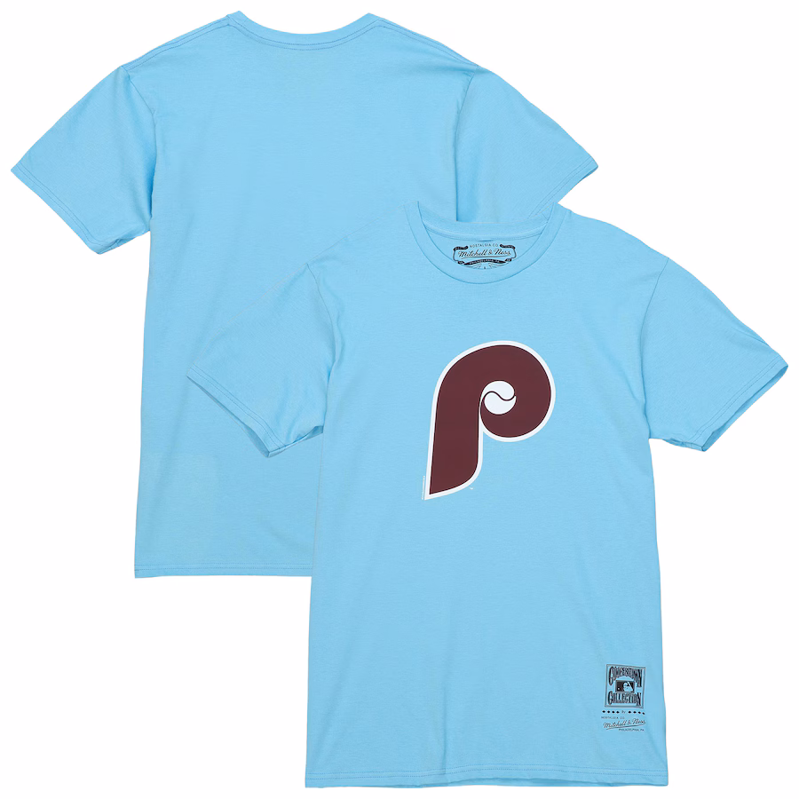 Men's Philadelphia Phillies Mitchell & Ness Light Blue Cooperstown Collection Team Logo T-Shirt - Jersey