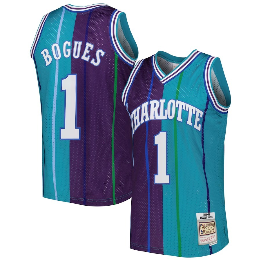 Men's Charlotte Hornets Muggsy Bogues Mitchell & Ness Teal/Purple Hardwood Classics 1992/93 Split Swingman Jersey - Jersey
