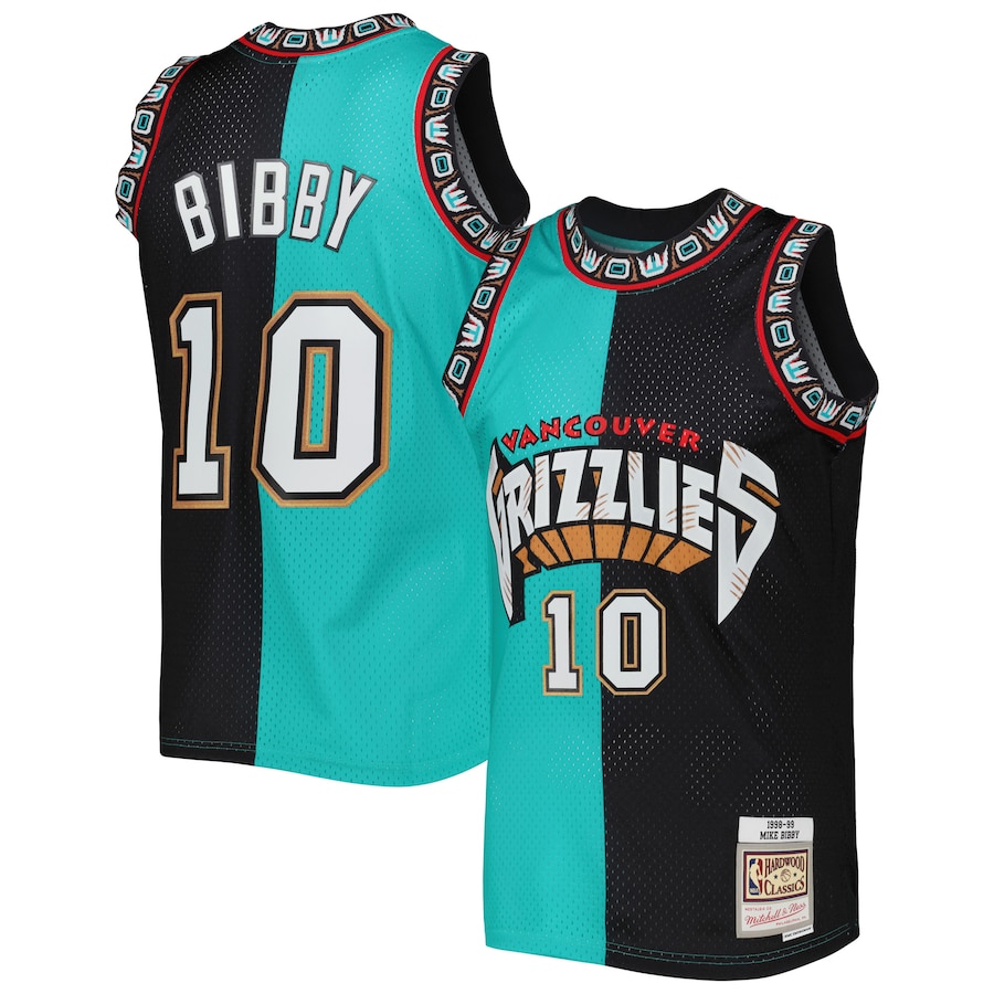 Men's Vancouver Grizzlies Mike Bibby Mitchell & Ness Turquoise/Black Hardwood Classics 1998/99 Split Swingman Jersey - Jersey