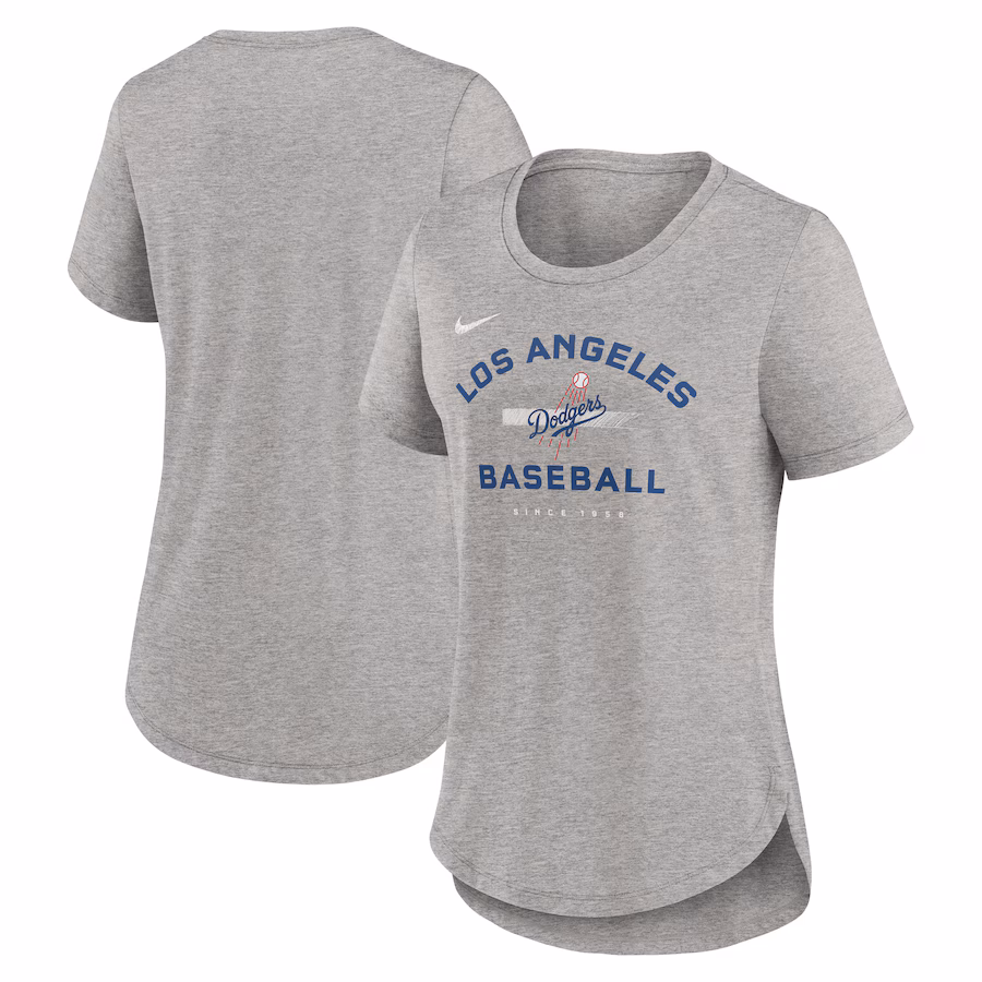 Women's Los Angeles Dodgers Nike Heather Gray Hot Prospect Tri-Blend T-Shirt - Jersey