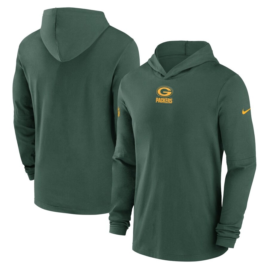 Men's Green Bay Packers Nike Green Sideline Performance Long Sleeve Hoodie T-Shirt - Jersey