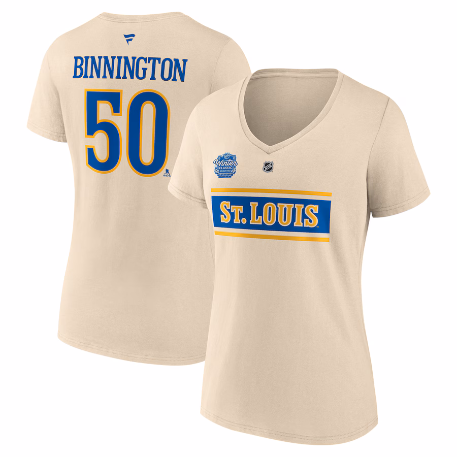 Women's St. Louis Blues Jordan Binnington Fanatics Cream 2025 NHL Winter Classic Authentic Stack Name & Number V-Neck T-Shirt - Jersey
