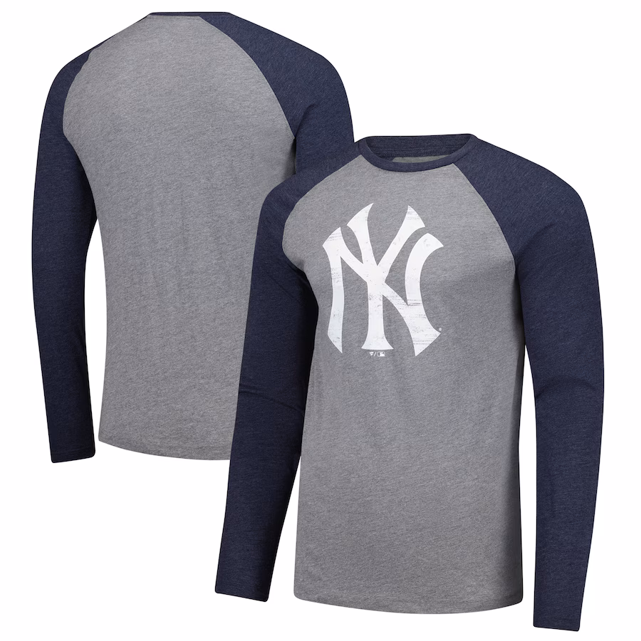 Men's New York Yankees Fanatics Heather Gray/Heather Navy Weathered Logo Tri-Blend Raglan Long Sleeve T-Shirt - Jersey