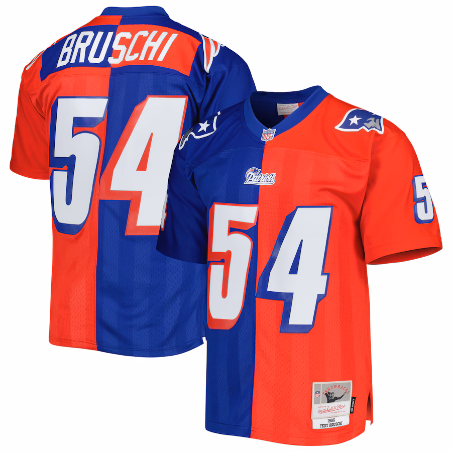 Men's New England Patriots Tedy Bruschi Mitchell & Ness Royal/Red 1996 Split Legacy Replica Jersey - Jersey