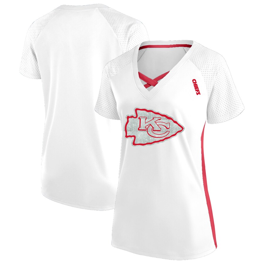 Women's Kansas City Chiefs Fanatics White Plus Size Glitter Lace-Up V- Neck T-Shirt - Jersey