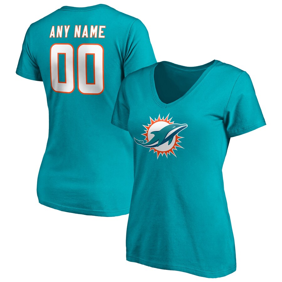 Women's Miami Dolphins Aqua Team Authentic Personalized Name & Number V-Neck T-Shirt - Jersey