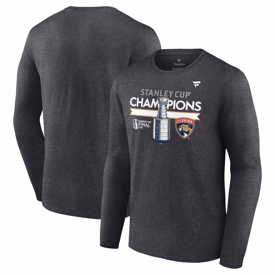 Men's Florida Panthers Fanatics Heather Charcoal 2024 Stanley Cup Champions Locker Room Long Sleeve T-Shirt - Jersey