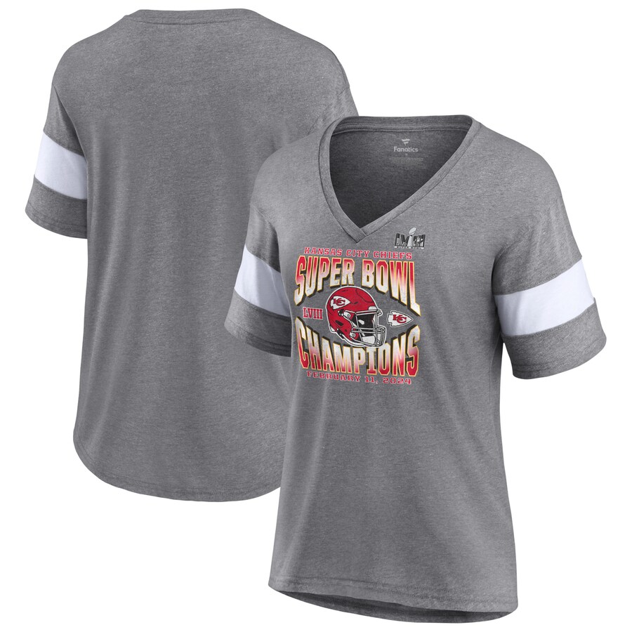 Women's Kansas City Chiefs  Fanatics Heather Gray Super Bowl LVIII Champions Own the Moment Lightweight Tri-Blend V-Neck T-Shirt - Jersey