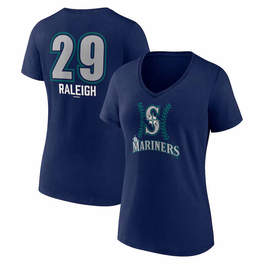 Women's Seattle Mariners Cal Raleigh Navy Name & Number Fastball V-Neck T-Shirt - Jersey