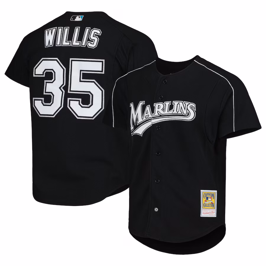 Men's Florida Marlins Dontrelle Willis Mitchell & Ness Black Cooperstown Collection Mesh Batting Practice Button-Up Jersey - Jersey