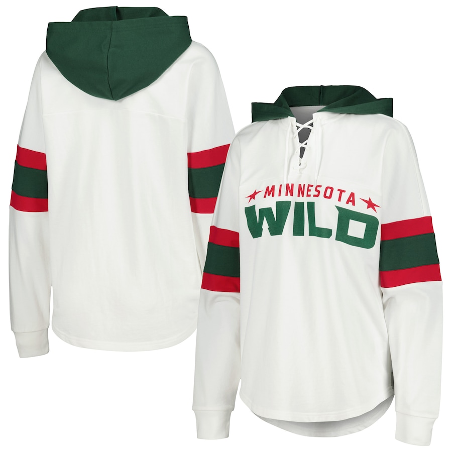 Women's Minnesota Wild G-III 4Her by Carl Banks White/Green Goal Zone Long Sleeve Lace-Up Hoodie T-Shirt - Jersey