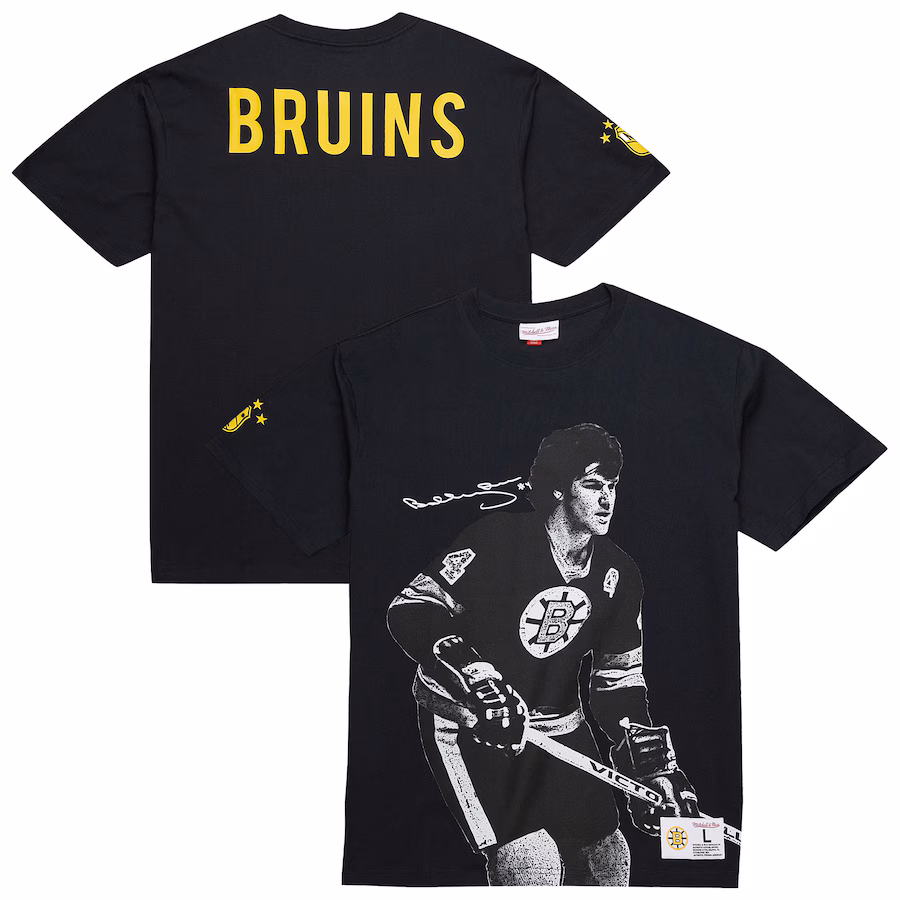 Men's Boston Bruins Bobby Orr Mitchell & Ness Black NHL Ultimate Player Vintage Logo T-Shirt - Jersey