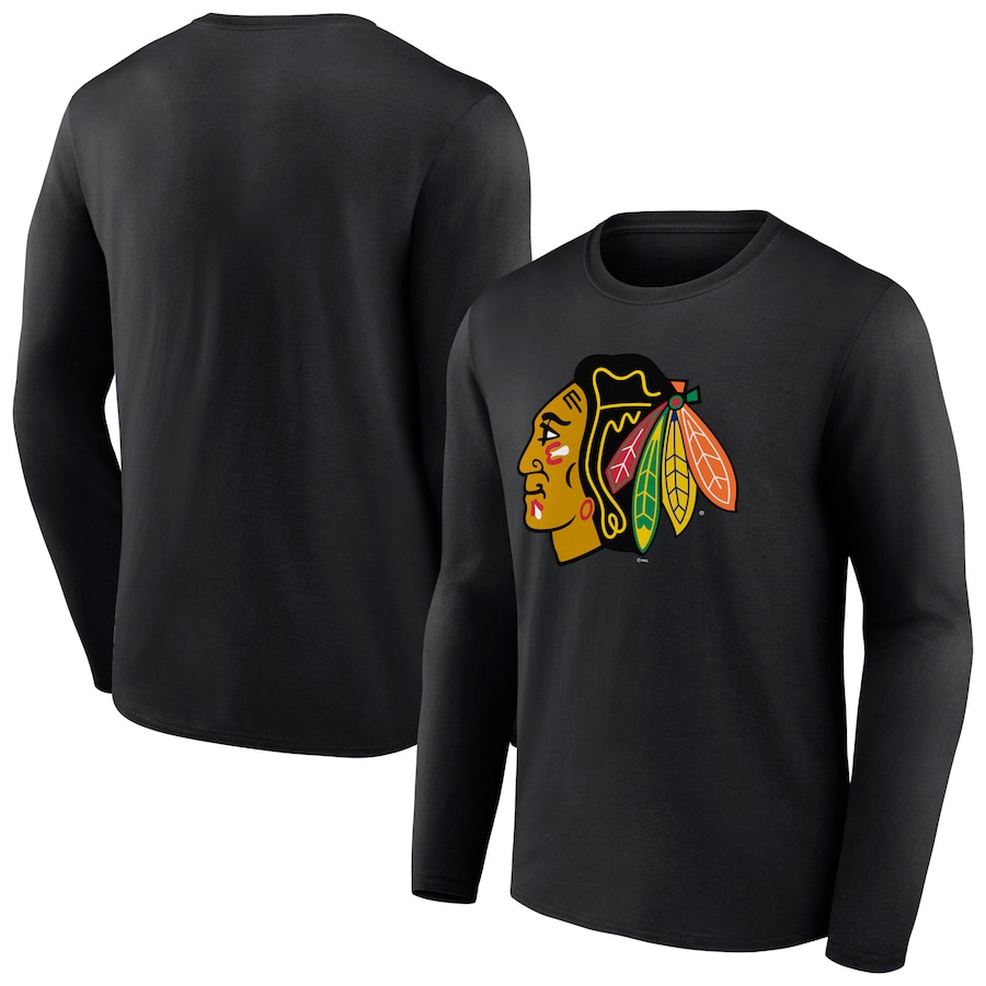 Men's Chicago Blackhawks Black Primary Logo Team Long Sleeve T-Shirt - Jersey