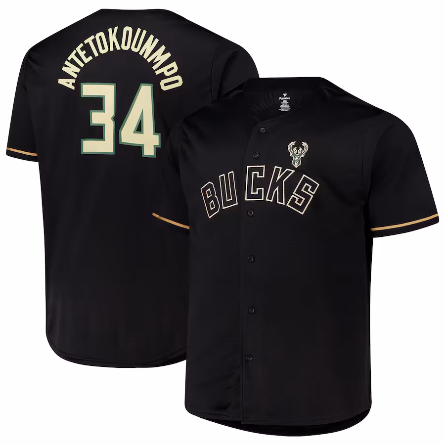 Men's Milwaukee Bucks Giannis Antetokounmpo Profile Black Big & Tall Name & Number Button-Up Jersey - Jersey