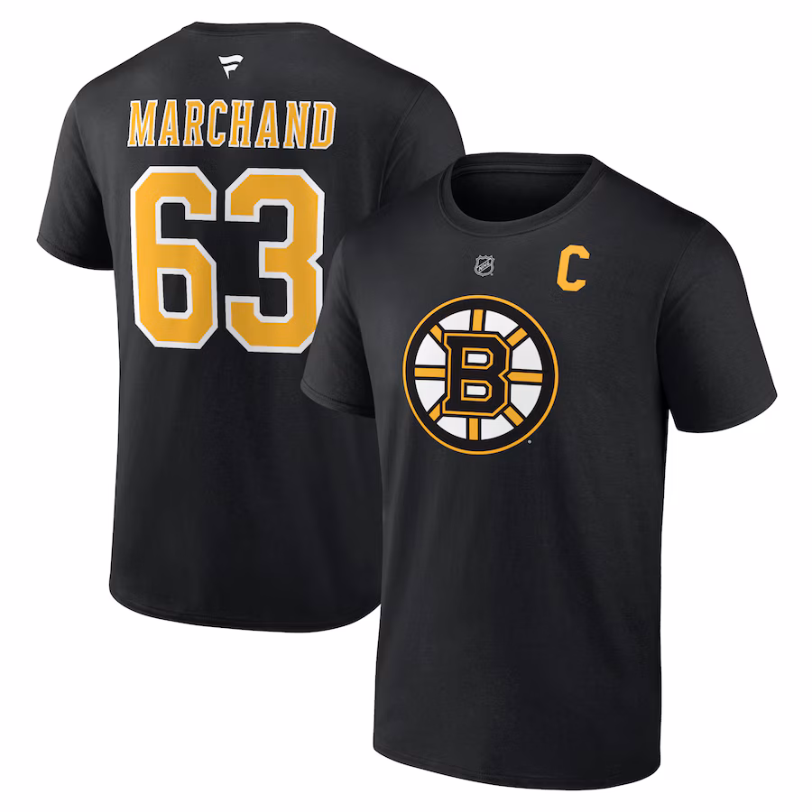 Men's Boston Bruins Brad Marchand Fanatics Black Authentic Stack Name & Number T-Shirt - Jersey
