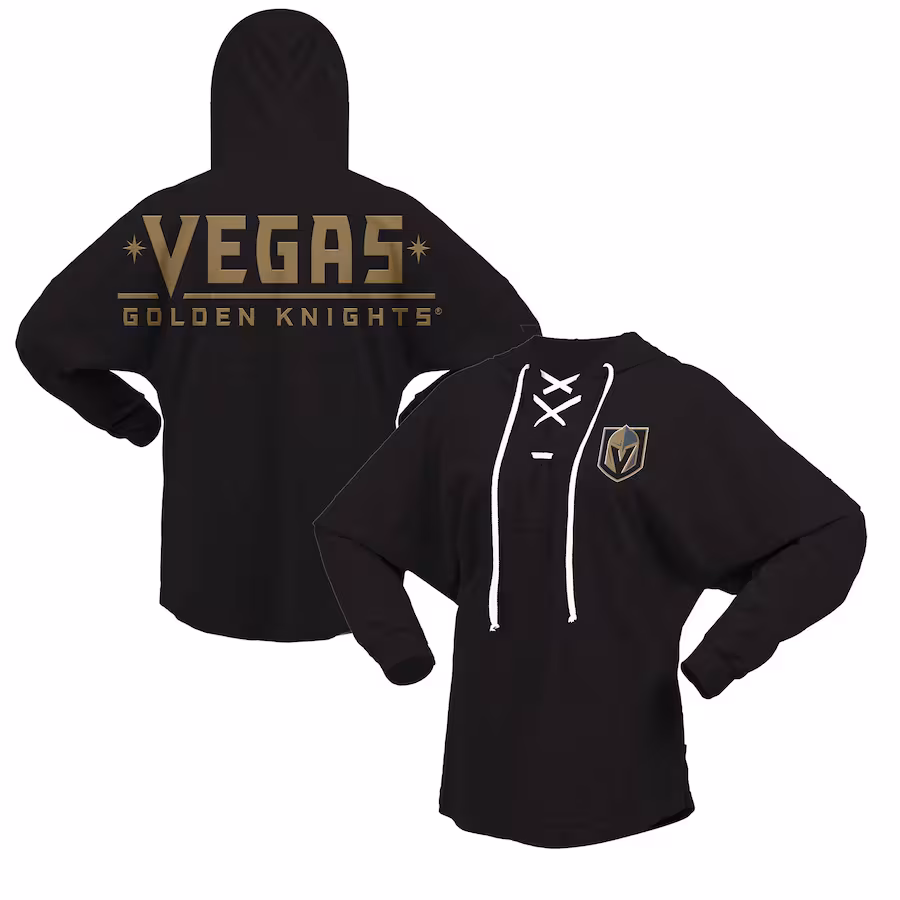 Women's Vegas Golden Knights Fanatics Black Jersey Lace-Up V-Neck Long Sleeve Hoodie T-Shirt - Jersey