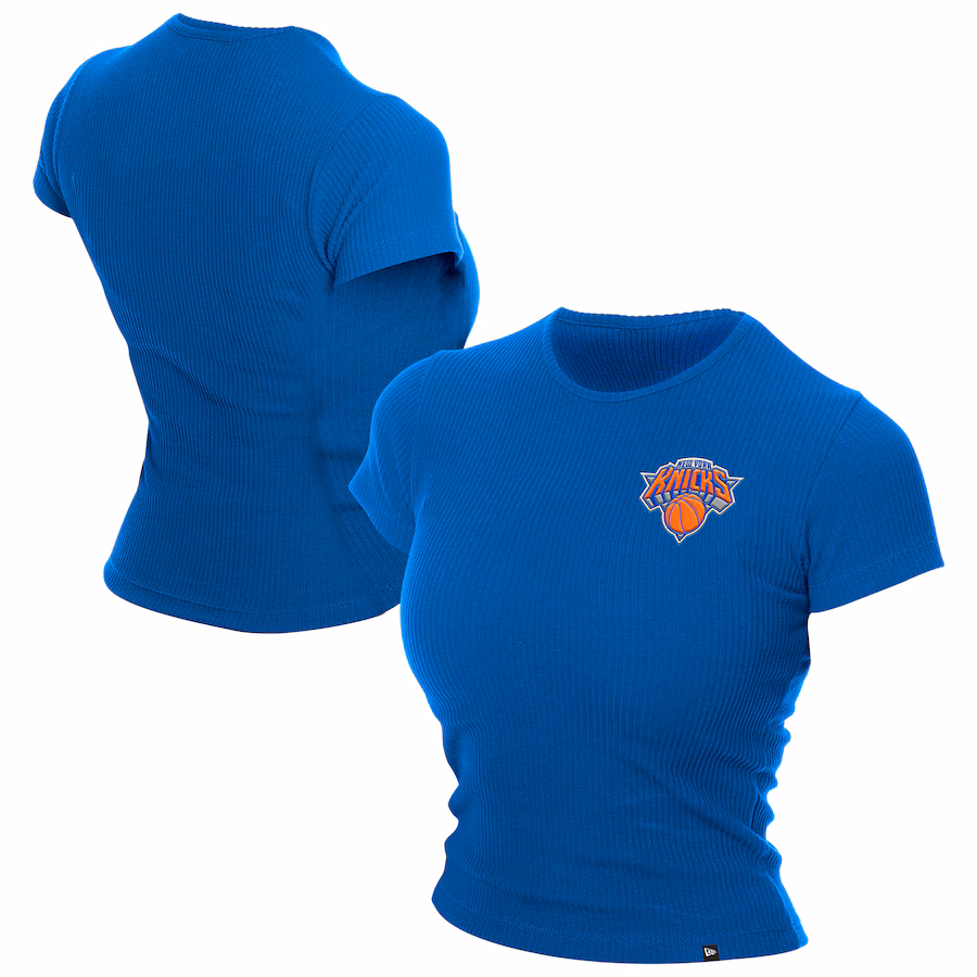 Women's New York Knicks  New Era Blue Leisure Collection Baby Doll Cropped T-Shirt - Jersey
