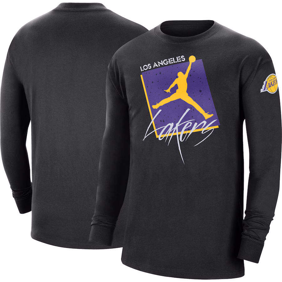 Men's Los Angeles Lakers Jordan Brand Black Courtside Max 90 Vintage Wash Statement Edition Long Sleeve T-Shirt - Jersey