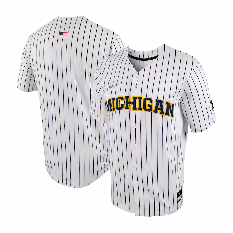Michigan Wolverines Nike Pinstripe Replica Full-Button Baseball Jersey - White/Navy - Jersey