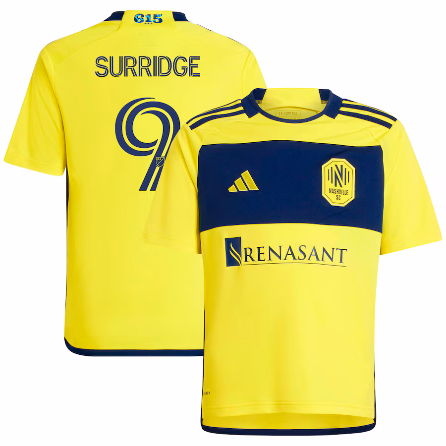 Youth Nashville SC Sam Surridge adidas Yellow 2024 The 615 Kit Replica Player Jersey - Jersey