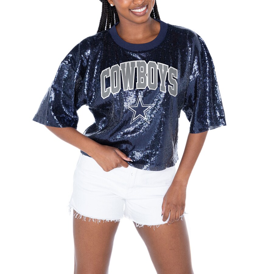 Women's Dallas Cowboys  Gameday Couture Navy Rise Up Sequin Cropped T-Shirt - Jersey