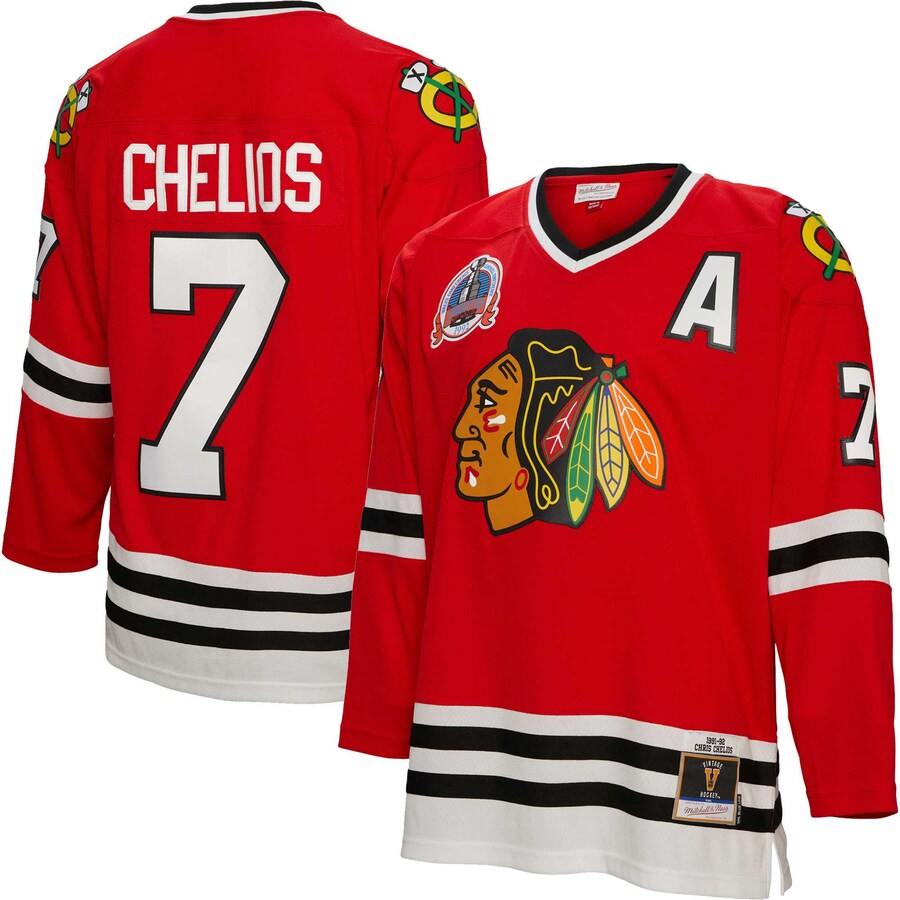 Men's Chicago Blackhawks Chris Chelios Mitchell & Ness Red 1991/92 Alternate Captain Patch Blue Line Player Jersey - Jersey