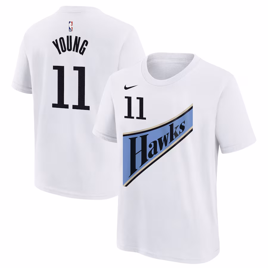 Youth Atlanta Hawks Trae Young Nike White 2024/25 City Edition Name & Number T-Shirt - Jersey
