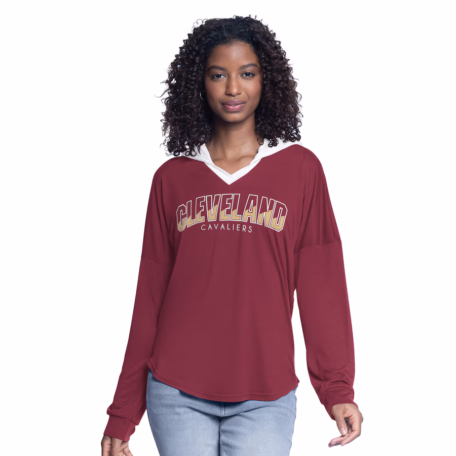 Women's Cleveland Cavaliers G-III 4Her by Carl Banks Wine Bench Player Oversized Long Sleeve Hooded Top - Jersey