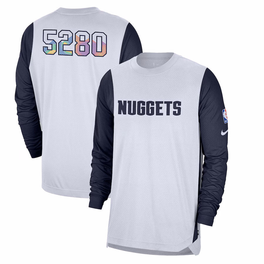Men's Denver Nuggets Nike White 2024/25 City Edition Authentic Pregame Performance Long Sleeve Shooting T-Shirt - Jersey