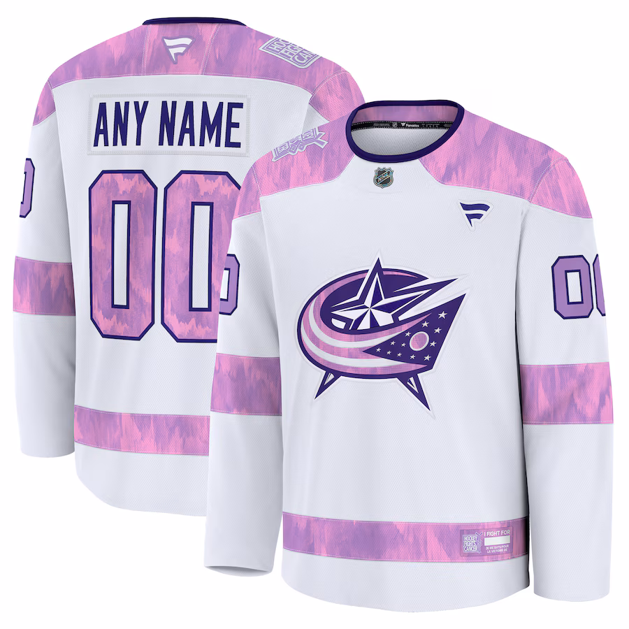 Men's Columbus Blue Jackets Fanatics White 2024 Hockey Fights Cancer Custom Practice Jersey - Jersey