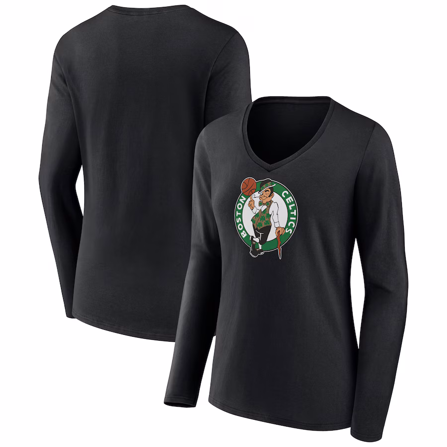 Women's Boston Celtics Black Primary Logo Long Sleeve V-Neck T-Shirt - Jersey
