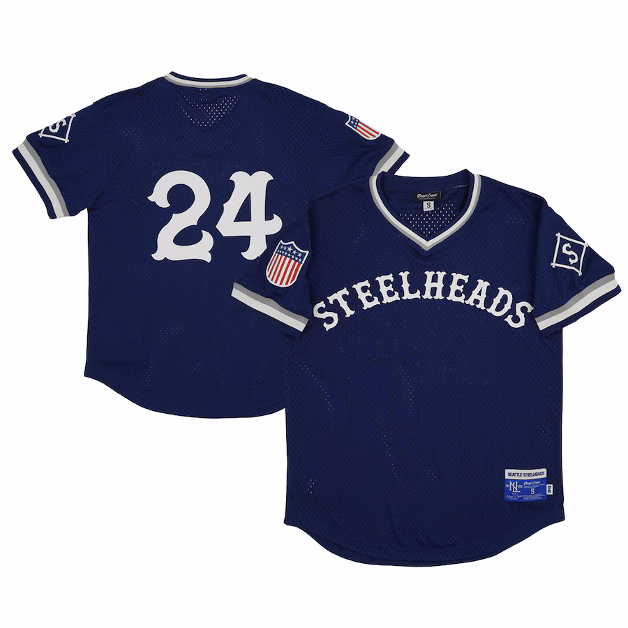 Men's Seattle Steelheads #24 Rings & Crwns Navy Mesh Replica V-Neck Jersey - Jersey