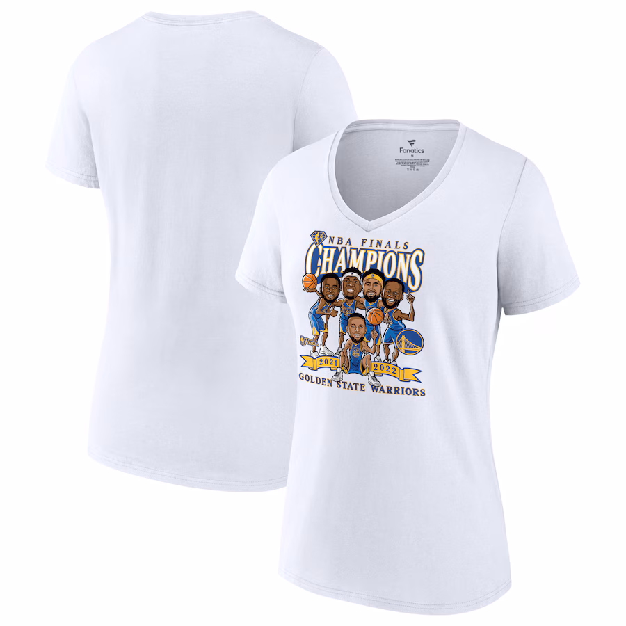 Women's Golden State Warriors Fanatics White 2022 NBA Finals Champions Caricature V-Neck T-Shirt - Jersey
