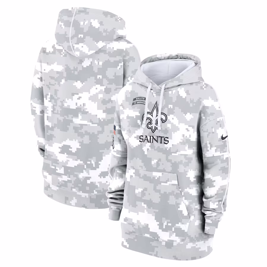Women's New Orleans Saints Nike Arctic Camo 2024 Salute To Service Club Fleece Pullover Hoodie - Jersey