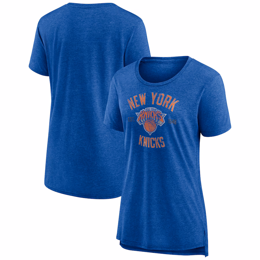 Women's New York Knicks Heather Blue Heritage Tri-Blend T-Shirt - Jersey