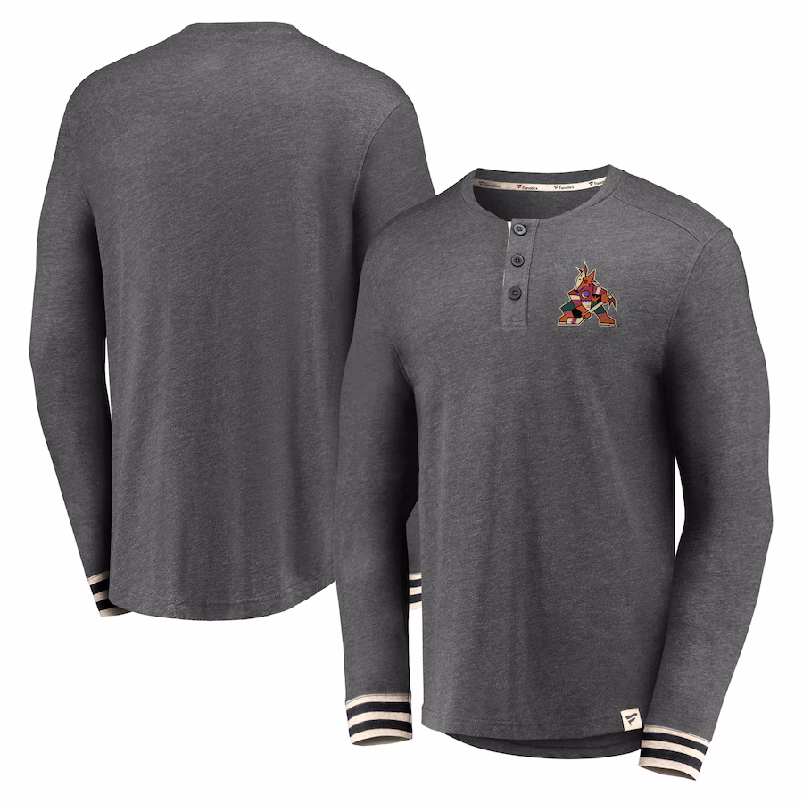 Men's Arizona Coyotes Fanatics Heathered Charcoal True Classics Henley Long Sleeve T-Shirt - Jersey