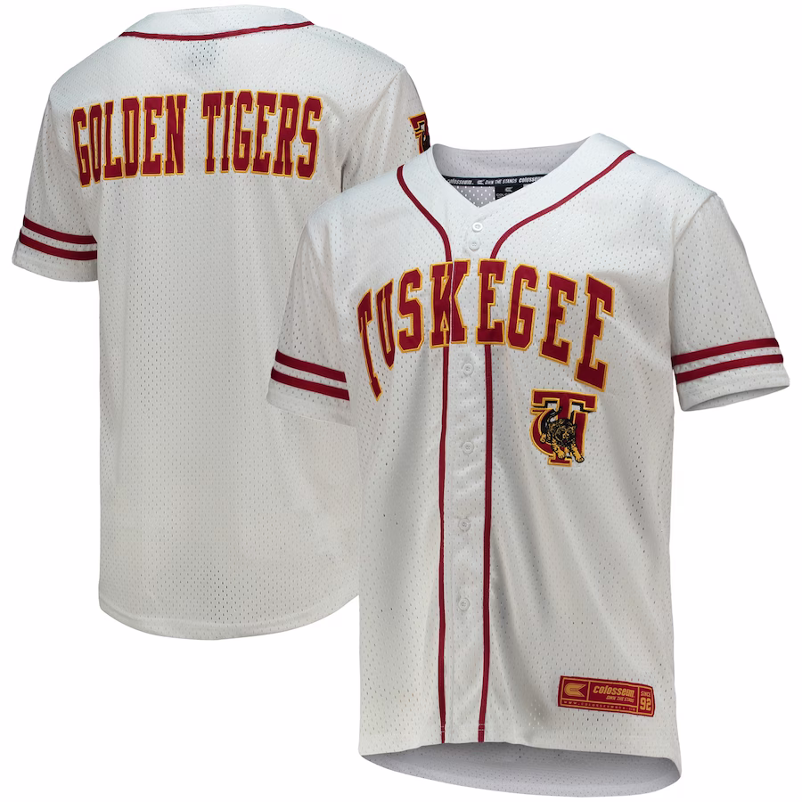 Tuskegee Golden Tigers Colosseum Free Spirited Mesh Button-Up Baseball Jersey - White - Jersey