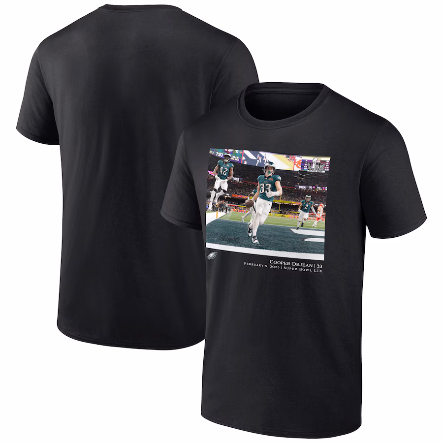 Men's Philadelphia Eagles Cooper DeJean Black NFL Flash Features Super Bowl LIX Champions T-Shirt - Jersey