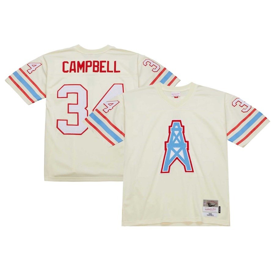 Men's Houston Oilers Earl Campbell Mitchell & Ness Cream Chainstitch Legacy Jersey - Jersey