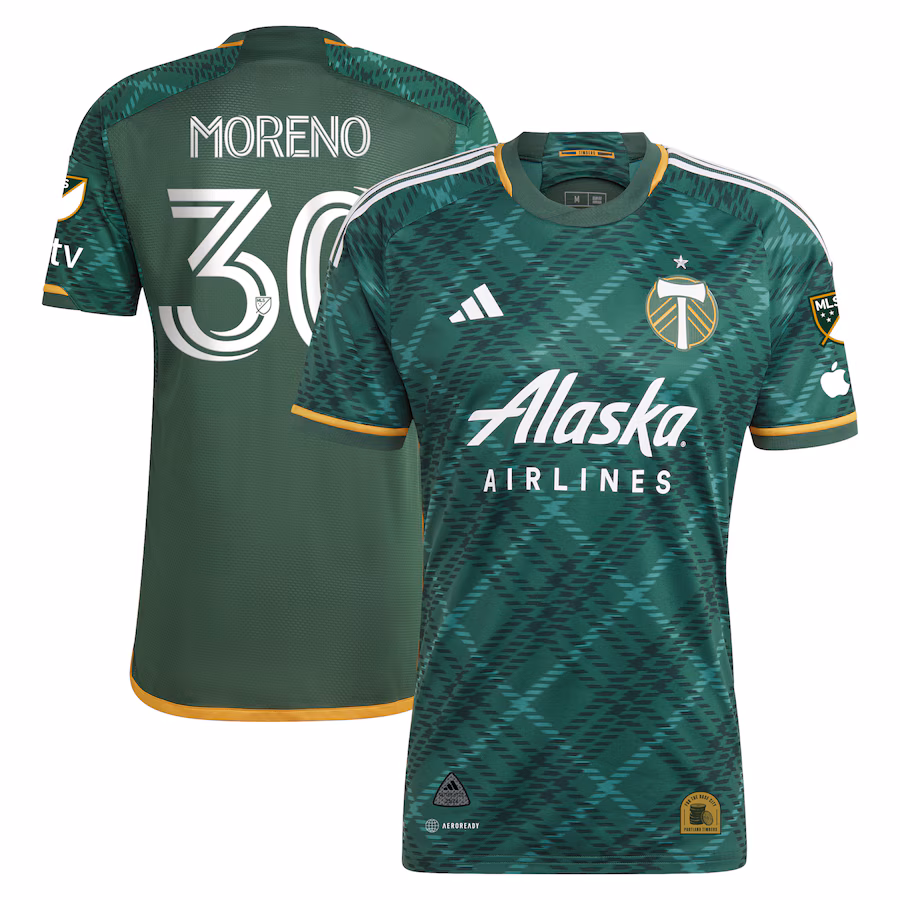 Men's Portland Timbers Santiago Moreno adidas Green 2023 Portland Plaid Kit Authentic Jersey - Jersey
