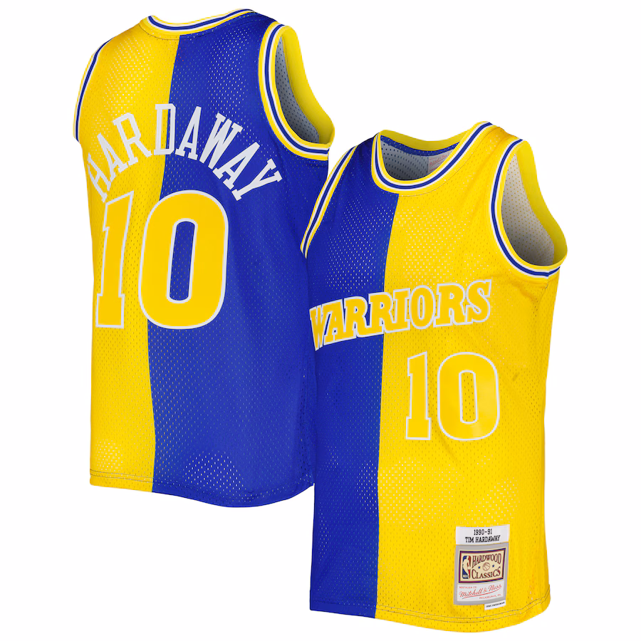 Men's Golden State Warriors Tim Hardaway Mitchell & Ness Royal/Gold Hardwood Classics 1990/91 Split Swingman Jersey - Jersey