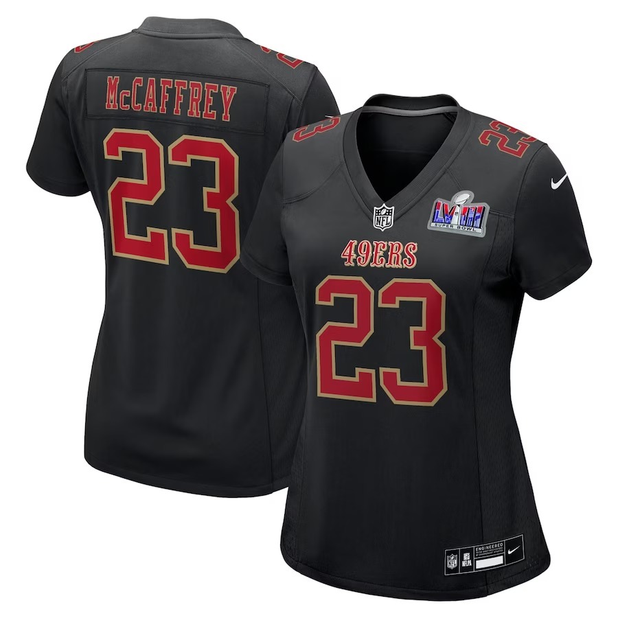 Women's San Francisco 49ers Christian McCaffrey Nike Black Super Bowl LVIII Carbon Fashion Game Player Jersey - Jersey