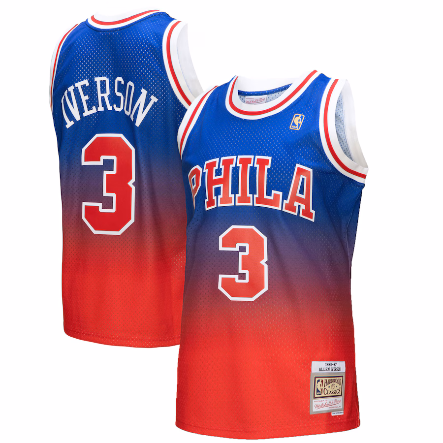 Men's Philadelphia 76ers Allen Iverson Mitchell & Ness Red/Royal 1996/97 Hardwood Classics Fadeaway Swingman Player Jersey - Jersey