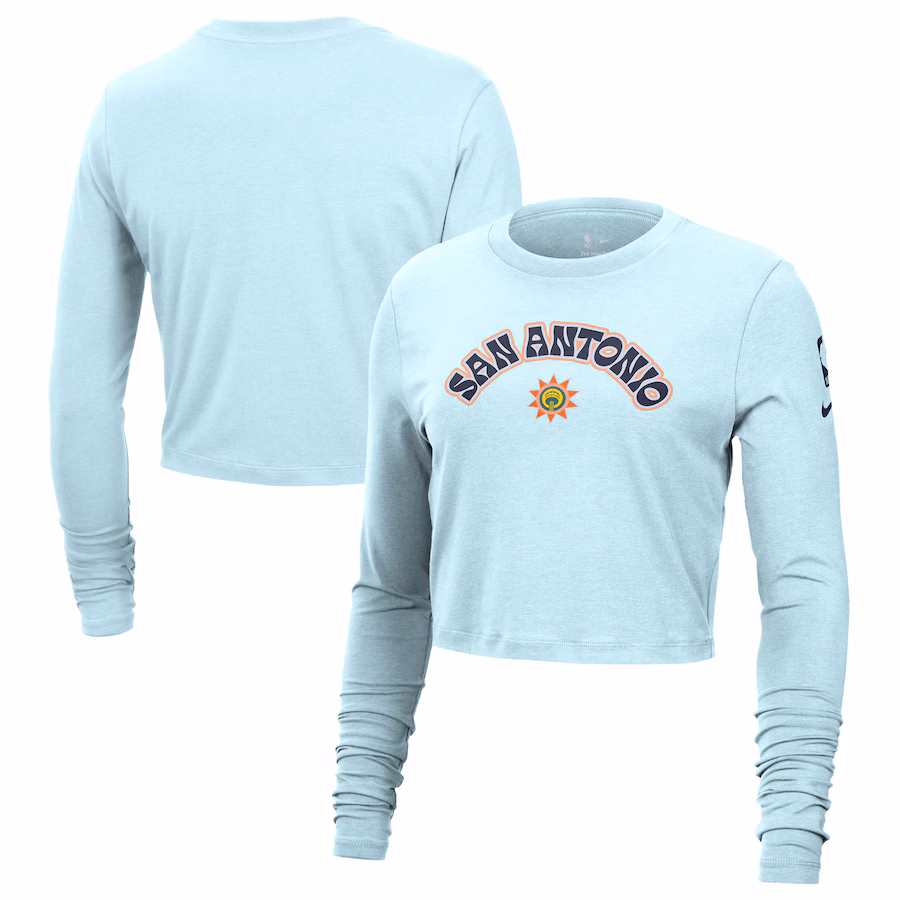 Women's San Antonio Spurs Nike Light Blue 2024/25 City Edition Essential Logo Slim Fit Long Sleeve Cropped T-Shirt - Jersey