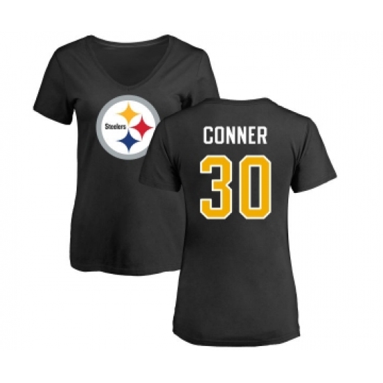 Football Women's Pittsburgh Steelers #30 James Conner Black Name & Number Logo Slim Fit T-Shirt - Jersey