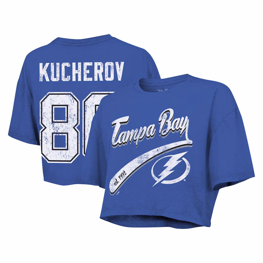 Women's Tampa Bay Lightning Nikita Kucherov Majestic Threads Royal Behind The Net Boxy Name & Number Cropped T-Shirt - Jersey