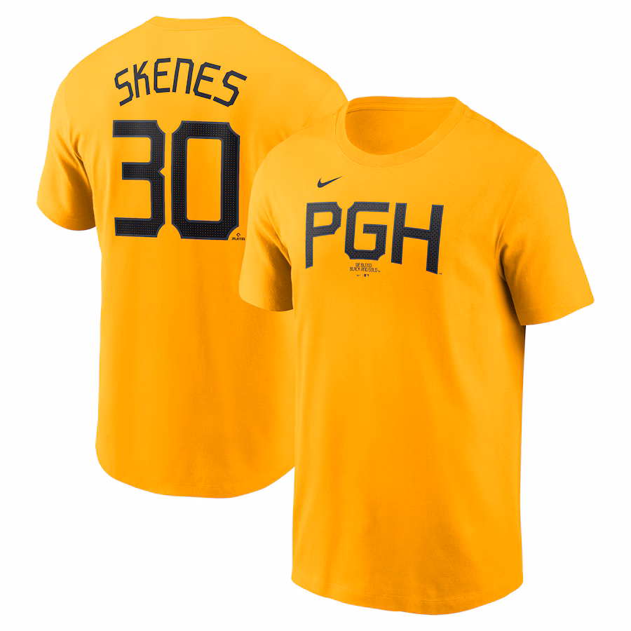 Men's Pittsburgh Pirates Paul Skenes Nike Gold Fuse Name & Number T-Shirt - Jersey