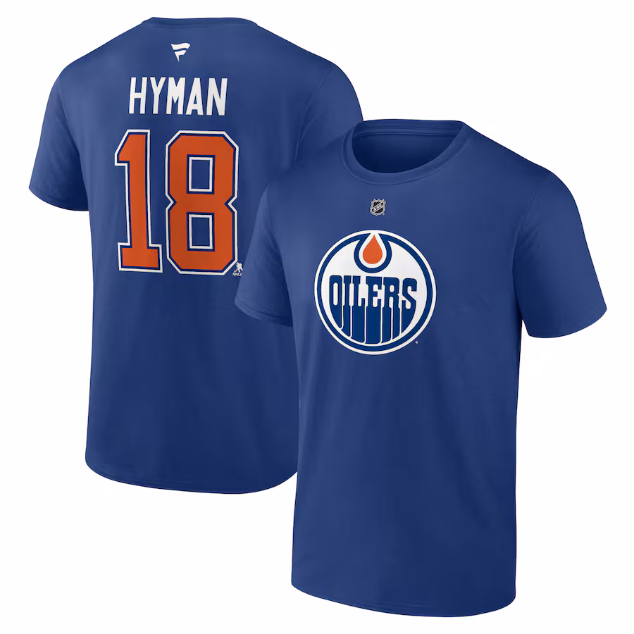 Men's Edmonton Oilers Zach Hyman Fanatics Blue Authentic Stack Name & Number T-Shirt - Jersey