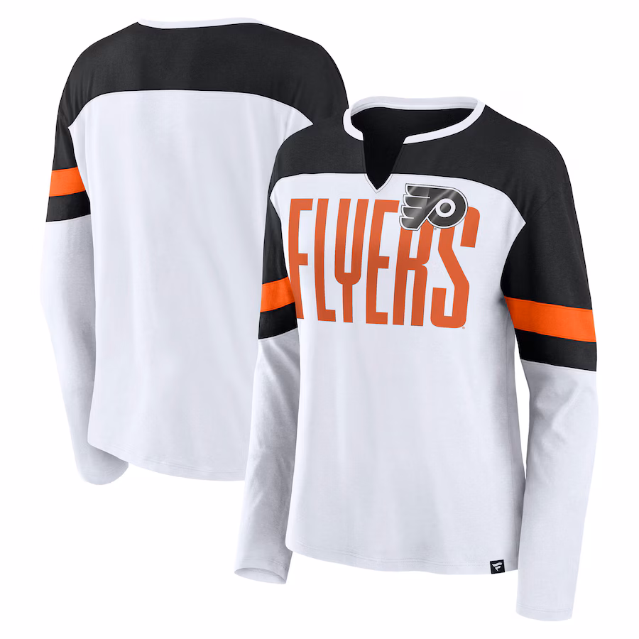 Women's Philadelphia Flyers Fanatics White/Black Frozen Long Sleeve Notch Neck T-Shirt - Jersey