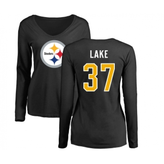 Football Women's Pittsburgh Steelers #37 Carnell Lake Black Name & Number Logo Slim Fit Long Sleeve T-Shirt - Jersey